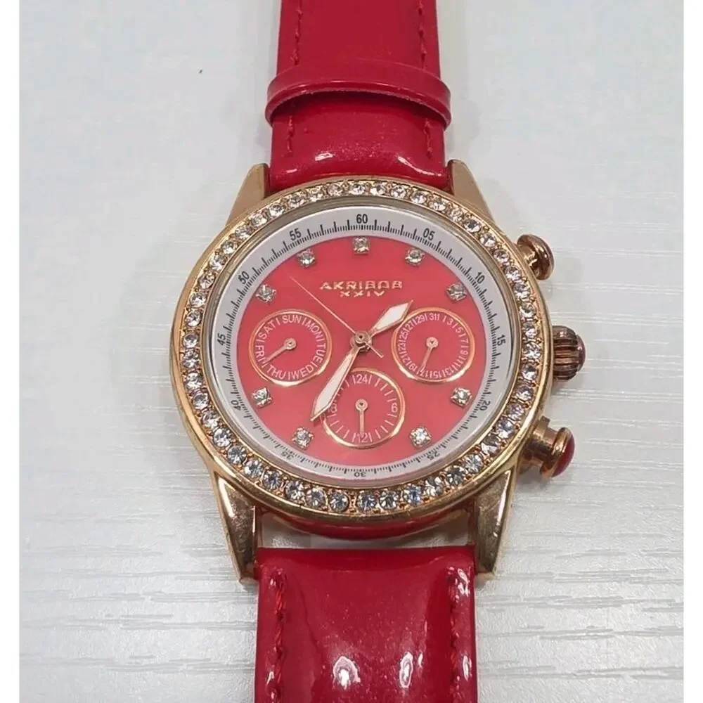 Women's Akribos XXIV AK556RD Quartz Crystal Bezel Watch Red Band New Battery 270